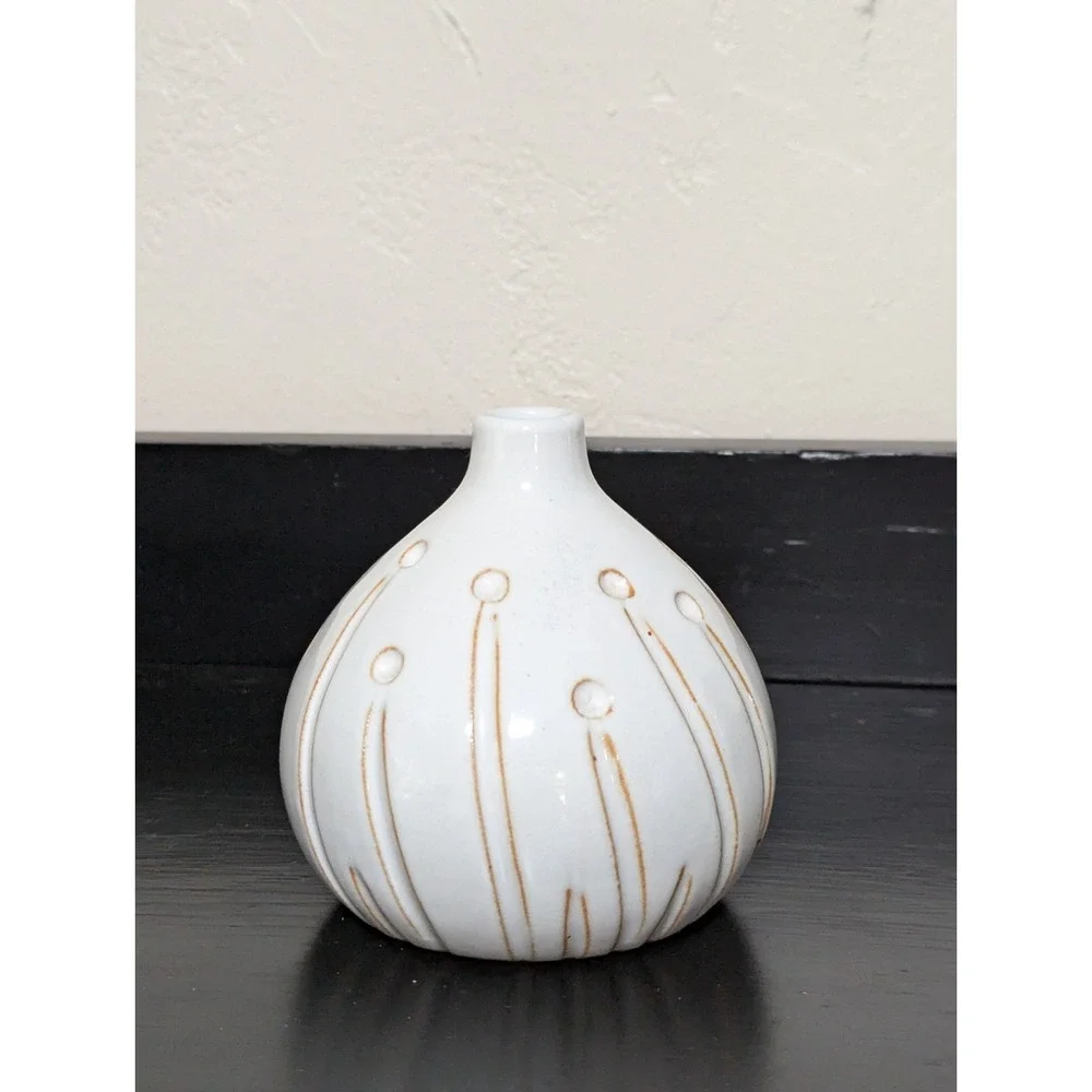 Vintage MCM Neutral‎ Stoneware Bud Vase With Abstract Floral Motif Glossy Finish